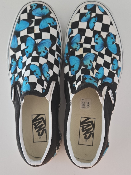 Vans Shoes - Vans Black & White Checkerboard Slip-Ons with Blue Butterfly Print